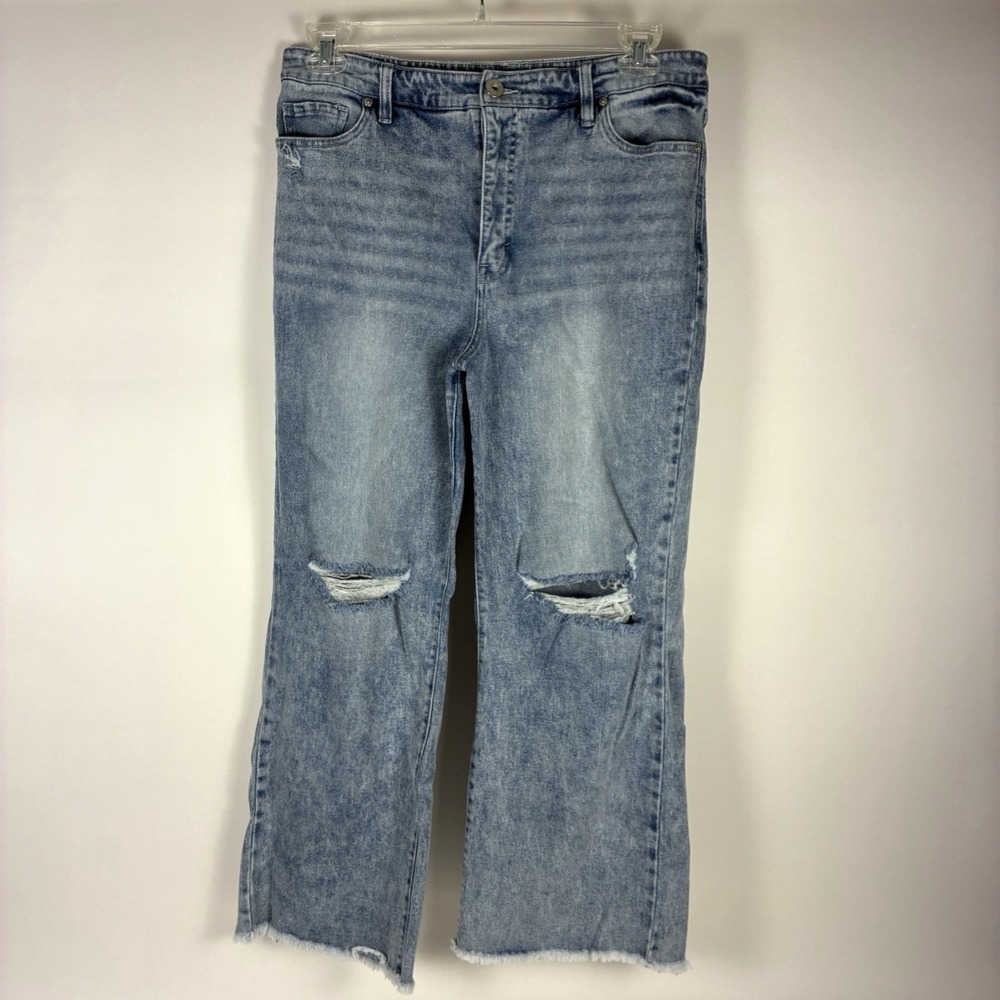 Style & Co Womens Sz 12 Wide Leg Crop Jeans Blue Distressed Boho Slouchy Coastal